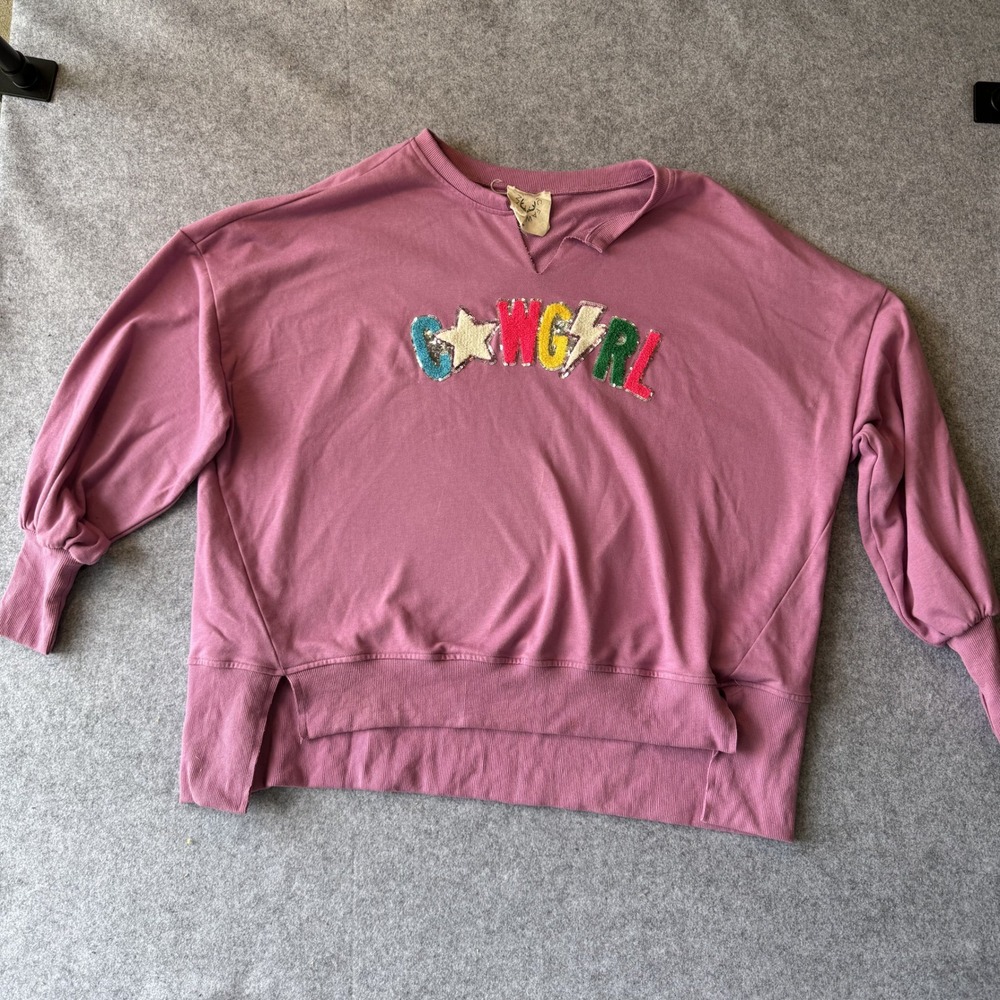 Fantastic Fawn Cowgirl Graphic Sweatshirt Medium Pink Chenille Sequin Patch